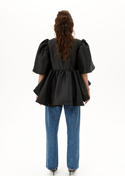 Puff Sleeve Ruffle Top In Black
