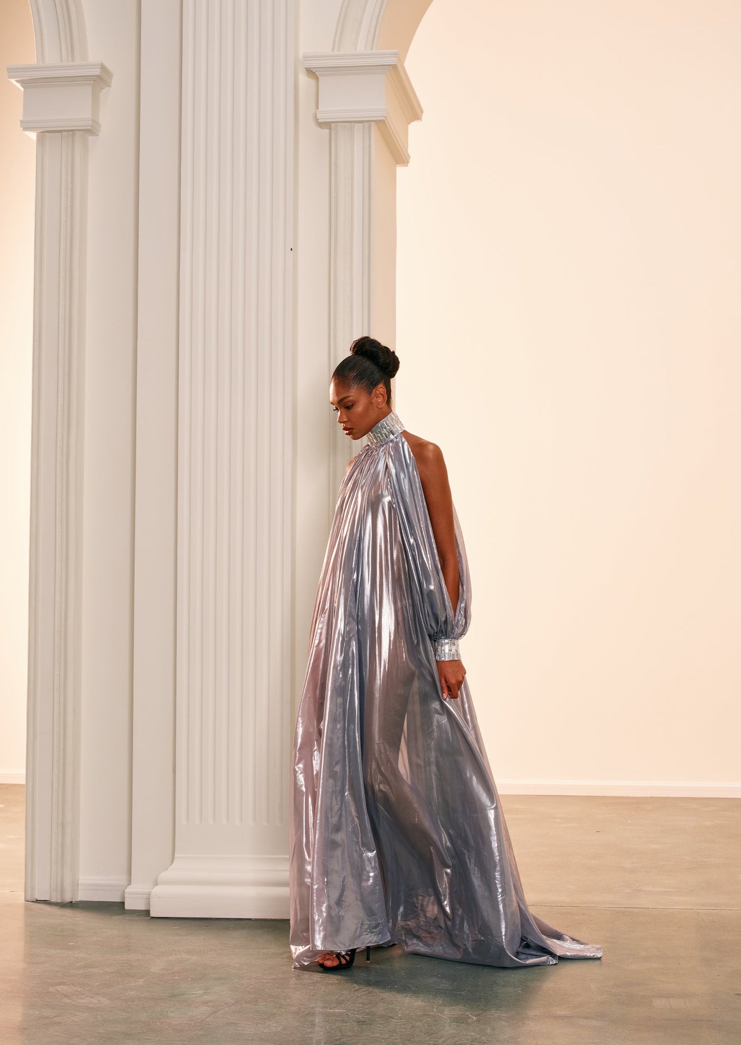 Silver Chiffon Lamé Maxi Dress With Halter Neck