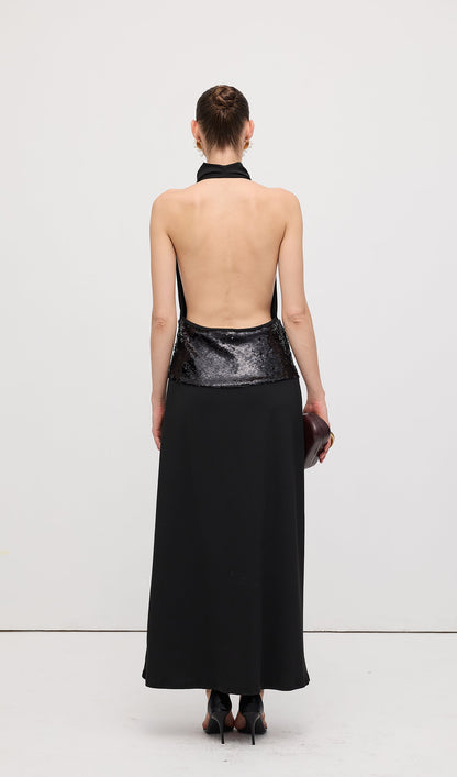 Draped Cowl Neck Open Back Maxi Dress