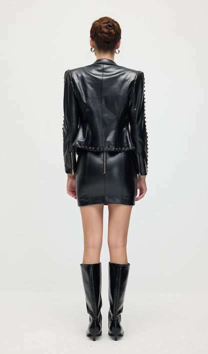 Rope Lacing Leather Jacket & Mini Skirt