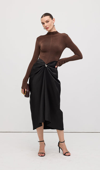 Asymmetrical Pleat Maxi Dress Brown