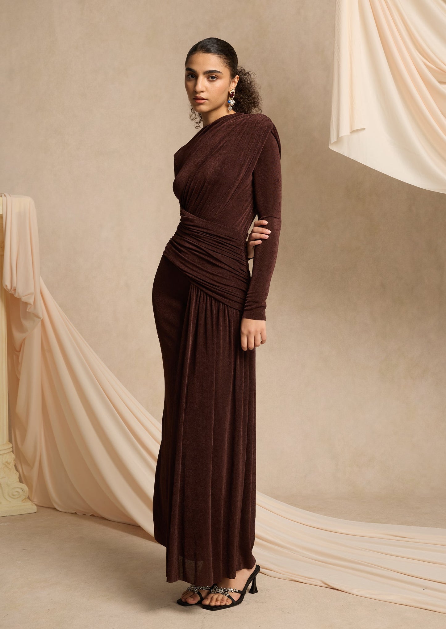 Asymmetrical Maxi Dress With Draped Hip In Brown