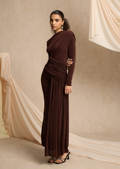 Asymmetrical Maxi Dress With Draped Hip In Brown