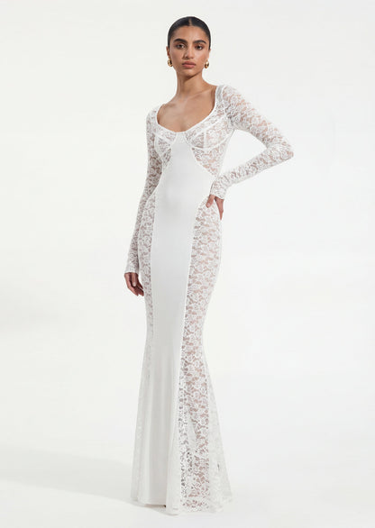 Long Sleeve Lace Panelled Maxi Dress In White