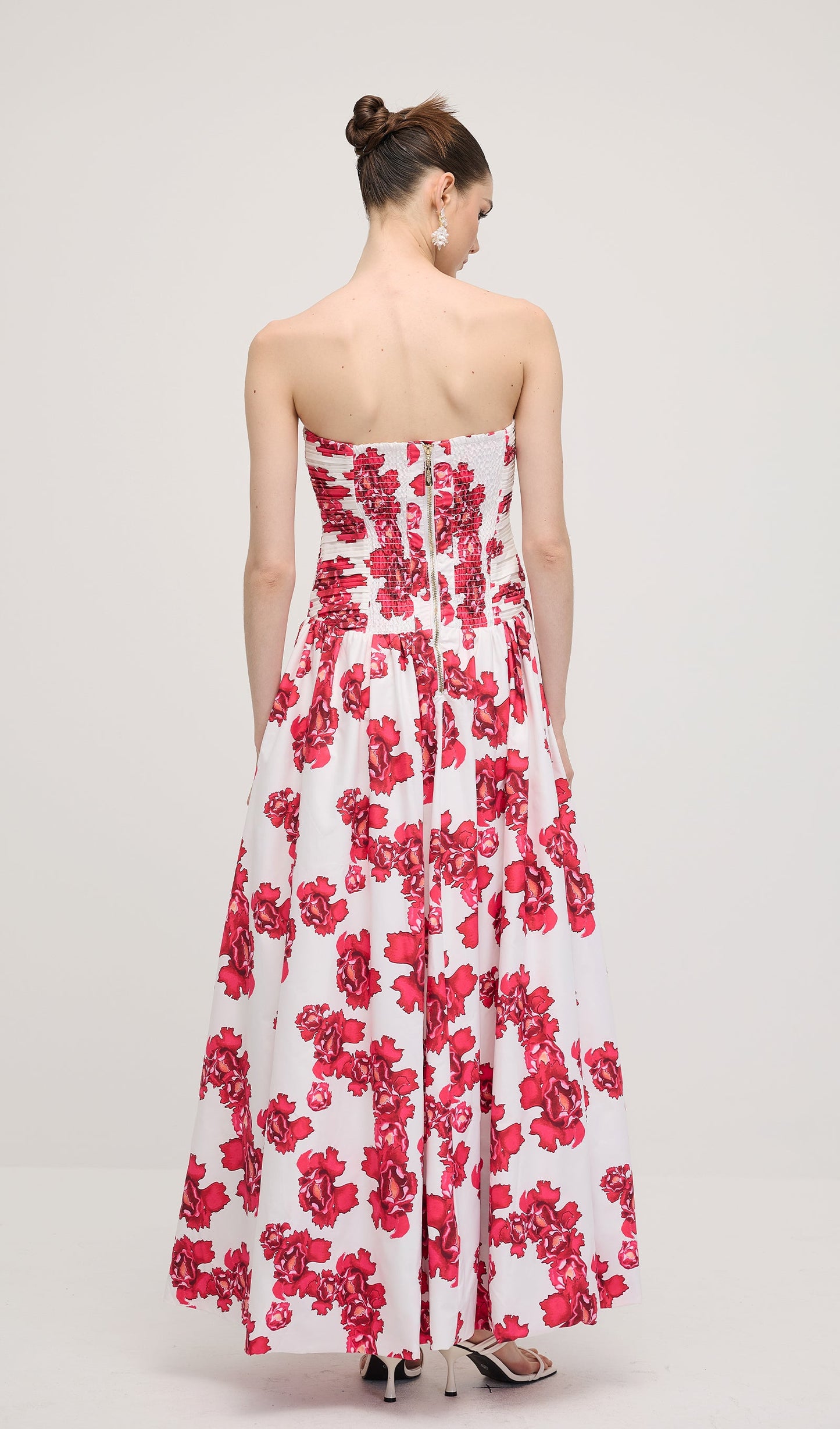 Sleeveless Ruched Draped Split Maxi Dress In Red Print