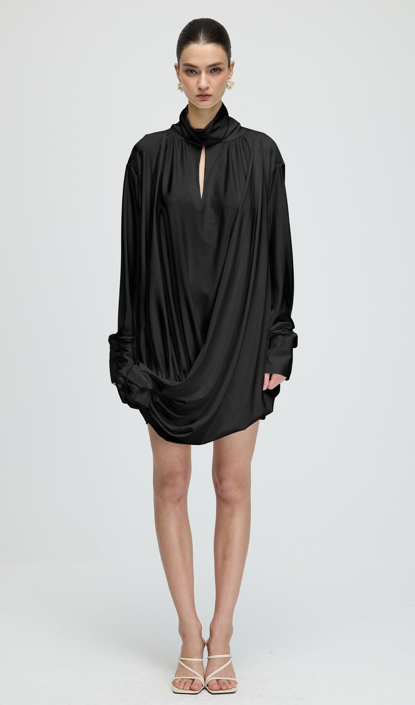 Flower Cut Out Mesh Ruched Mini Dress In Black