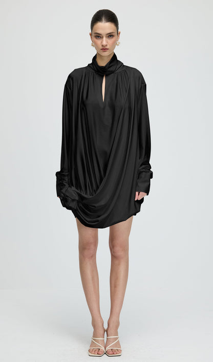 Flower Cut Out Mesh Ruched Mini Dress In Black