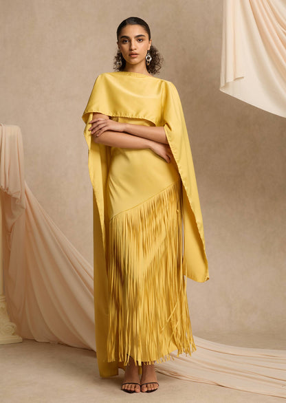Cape Detailed Fringed Gown