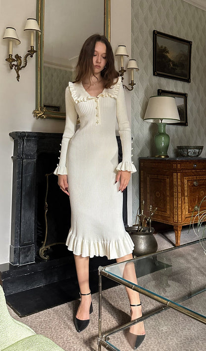 Knitted Ruffle Midi Dress-White