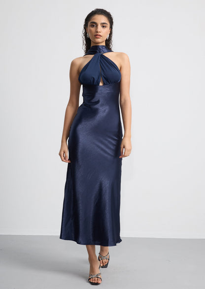 Satin Twist Front Halterneck Midi Dress