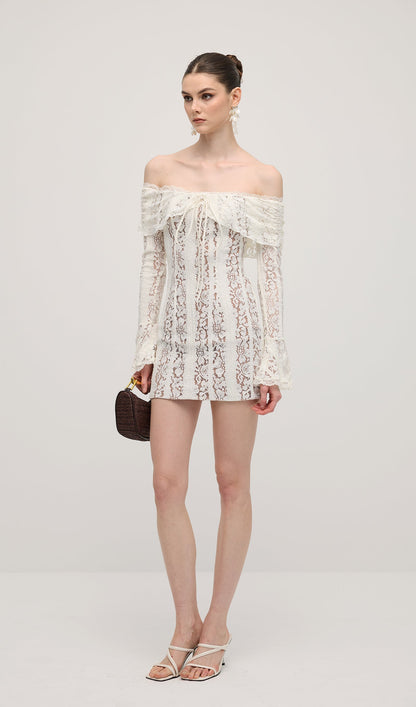 Vintage Floral Lace Off Shoulder Mini Dress