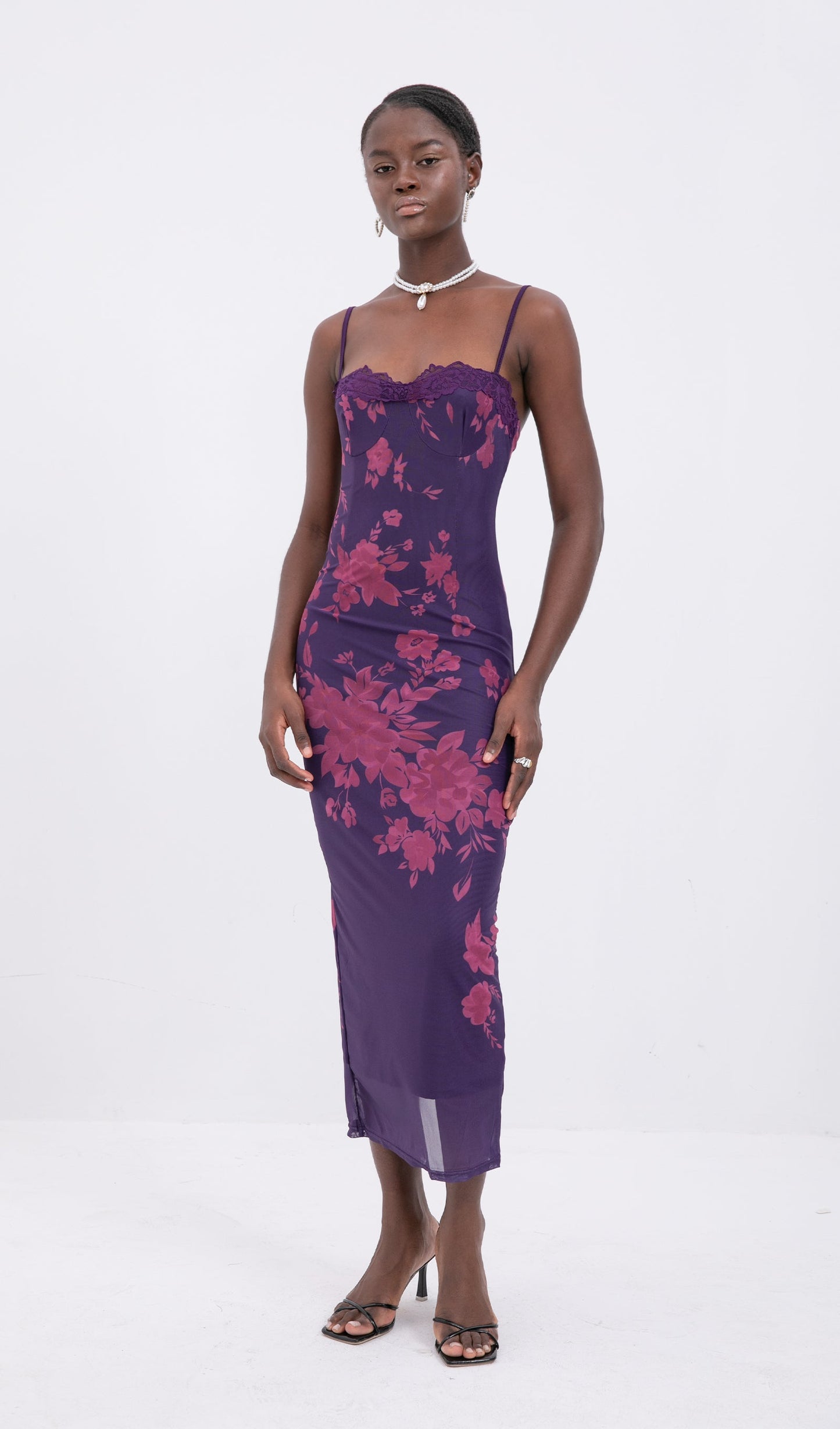 Trendy Tied Lace Floral Mesh Midi Dress
