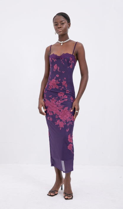 Trendy Tied Lace Floral Mesh Midi Dress