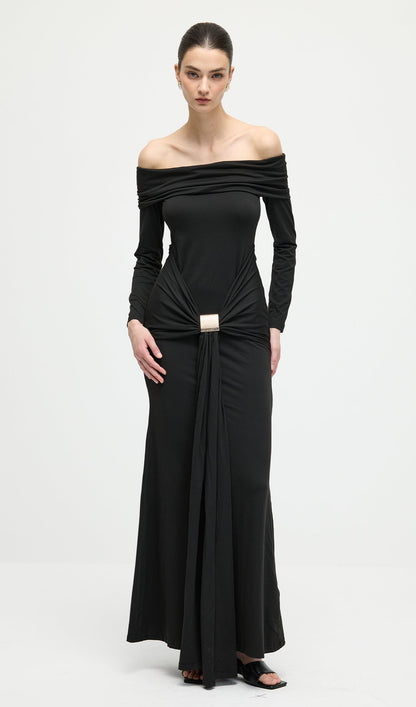 Off Shoulder Ruffle Maxi Dress In Black