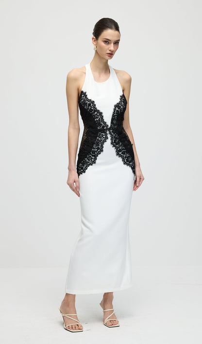 Solid Open Back Maxi Dress In Crepe & Lace