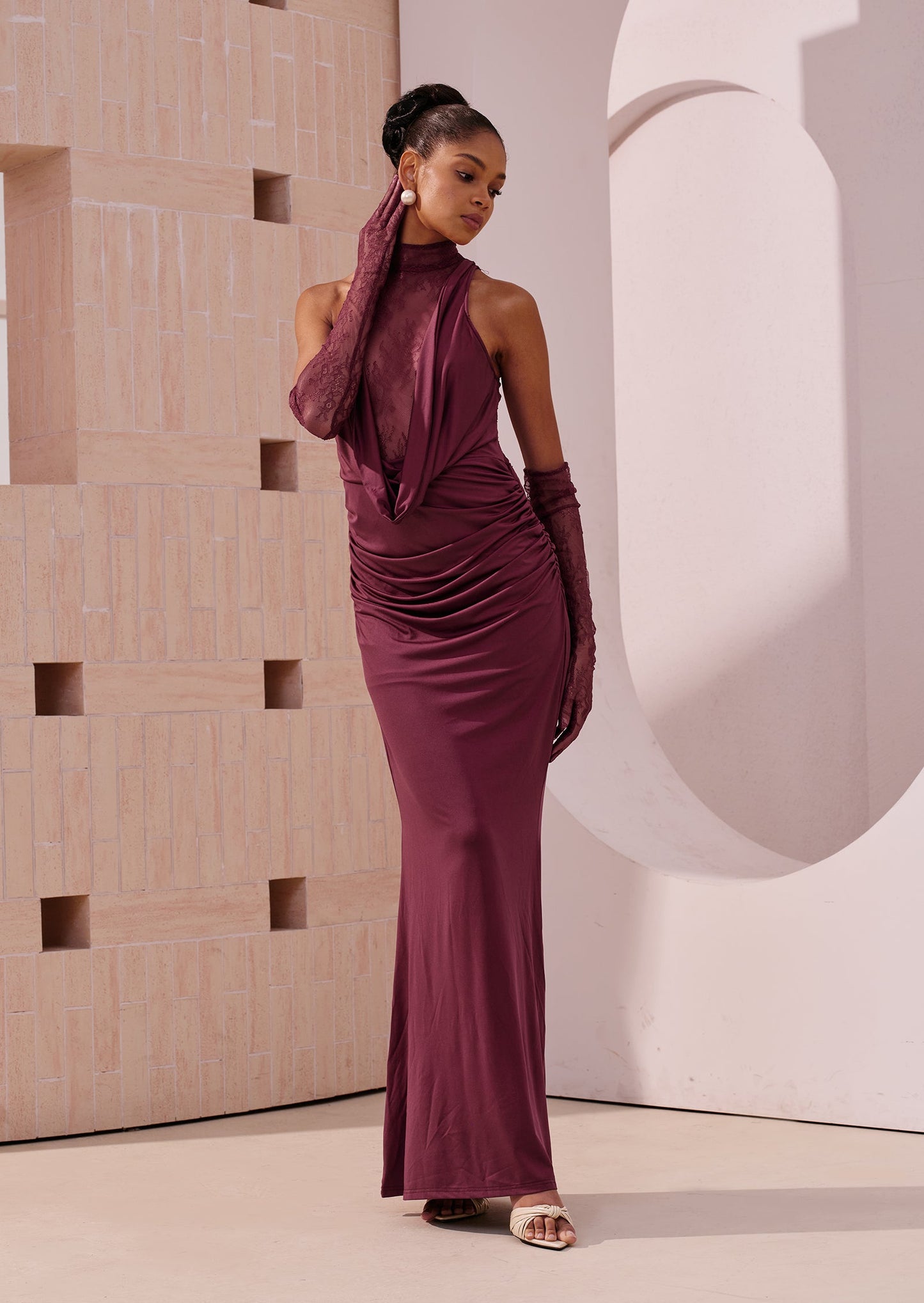 Lace Bodice Ruched Maxi Dress