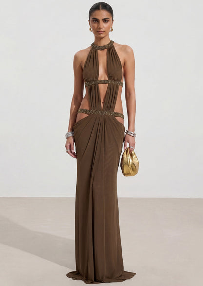 Open Back Cut Out Maxi Dress In Moss