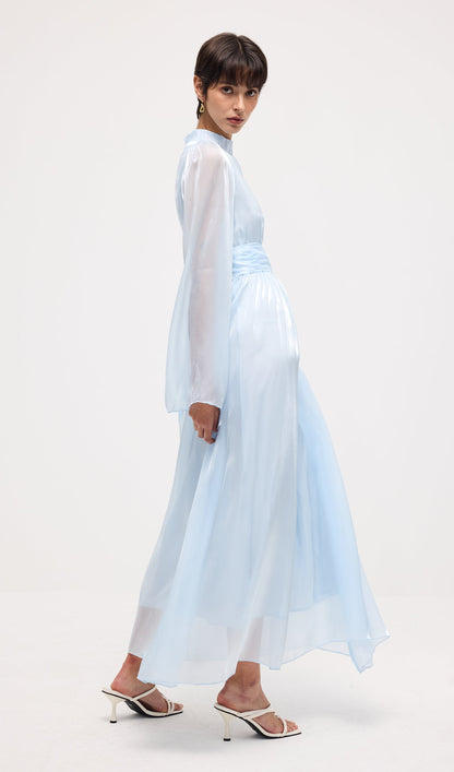 High Neckline Flared Hem Maxi Dress