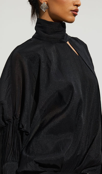 High Neck Tiered Mini Dress In Black