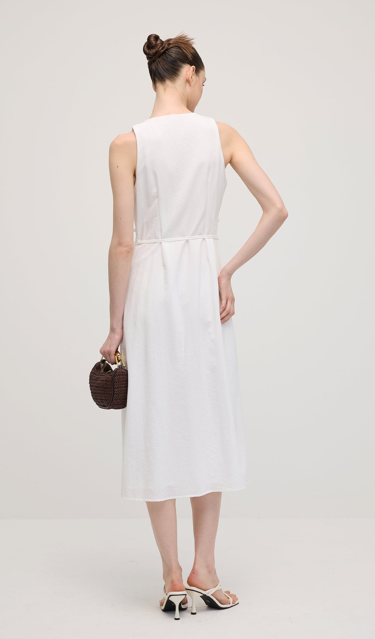 Solid Button Waistcoat Midi Dress In White