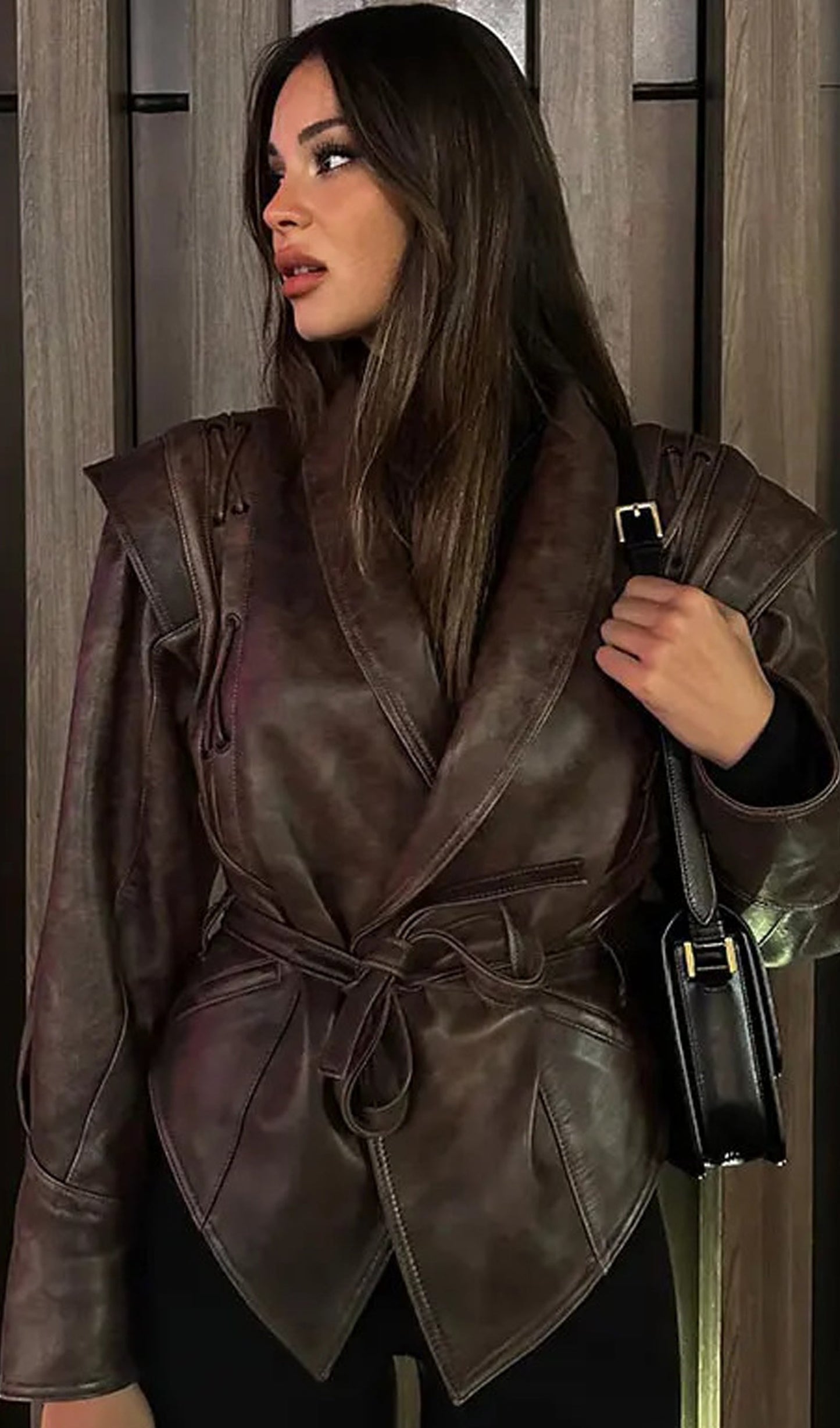 Tie-Waist Faux Leather Jacket In Brown