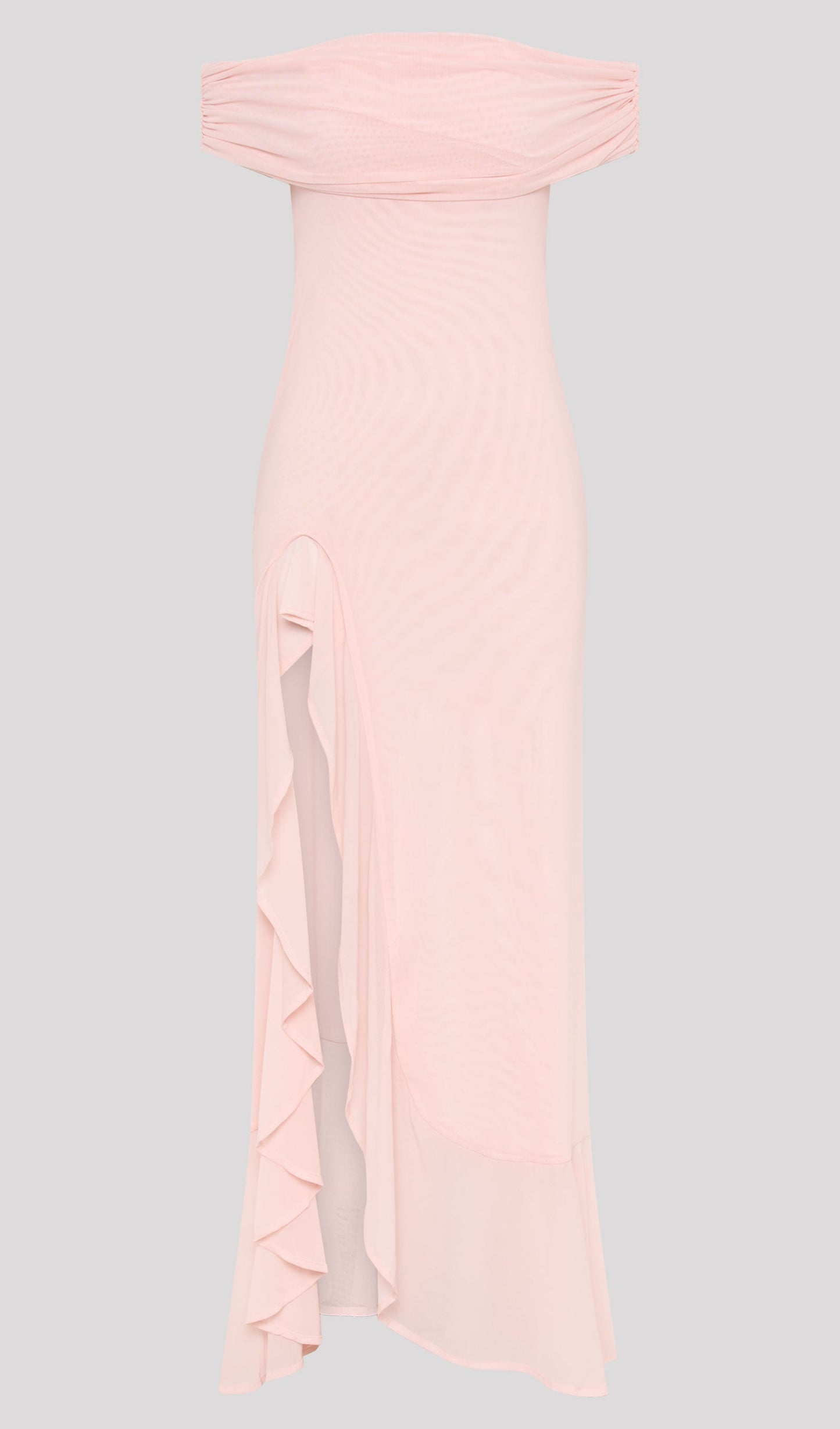 Off Shoulder Mesh Maxi Dress In Pale Pink