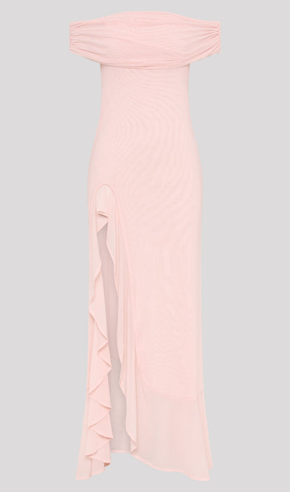 Off Shoulder Mesh Maxi Dress In Pale Pink