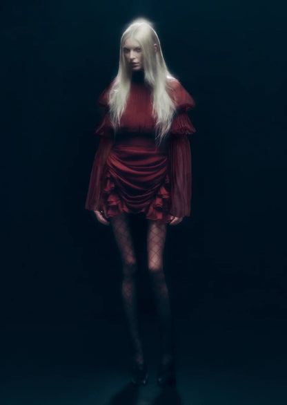 Pleated Silk-Chiffon Slit Mini Dress In Claret