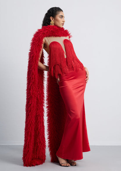 Hiba Fringe Detail Satin Maxi Dress With Fur Collar