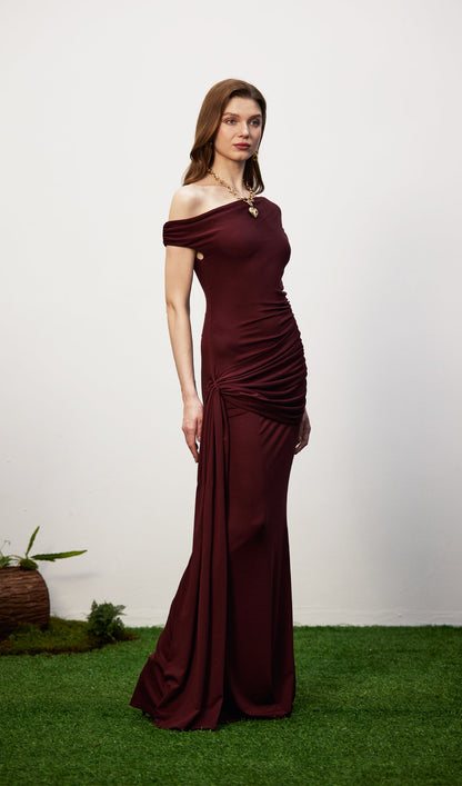 Solid Slinky Fishtail Maxi Dress - Mahogany