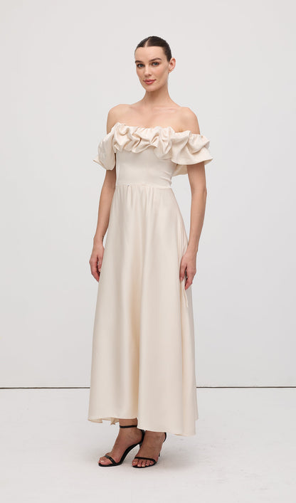 Off Shoulder Ruffle Satin Midi Dress