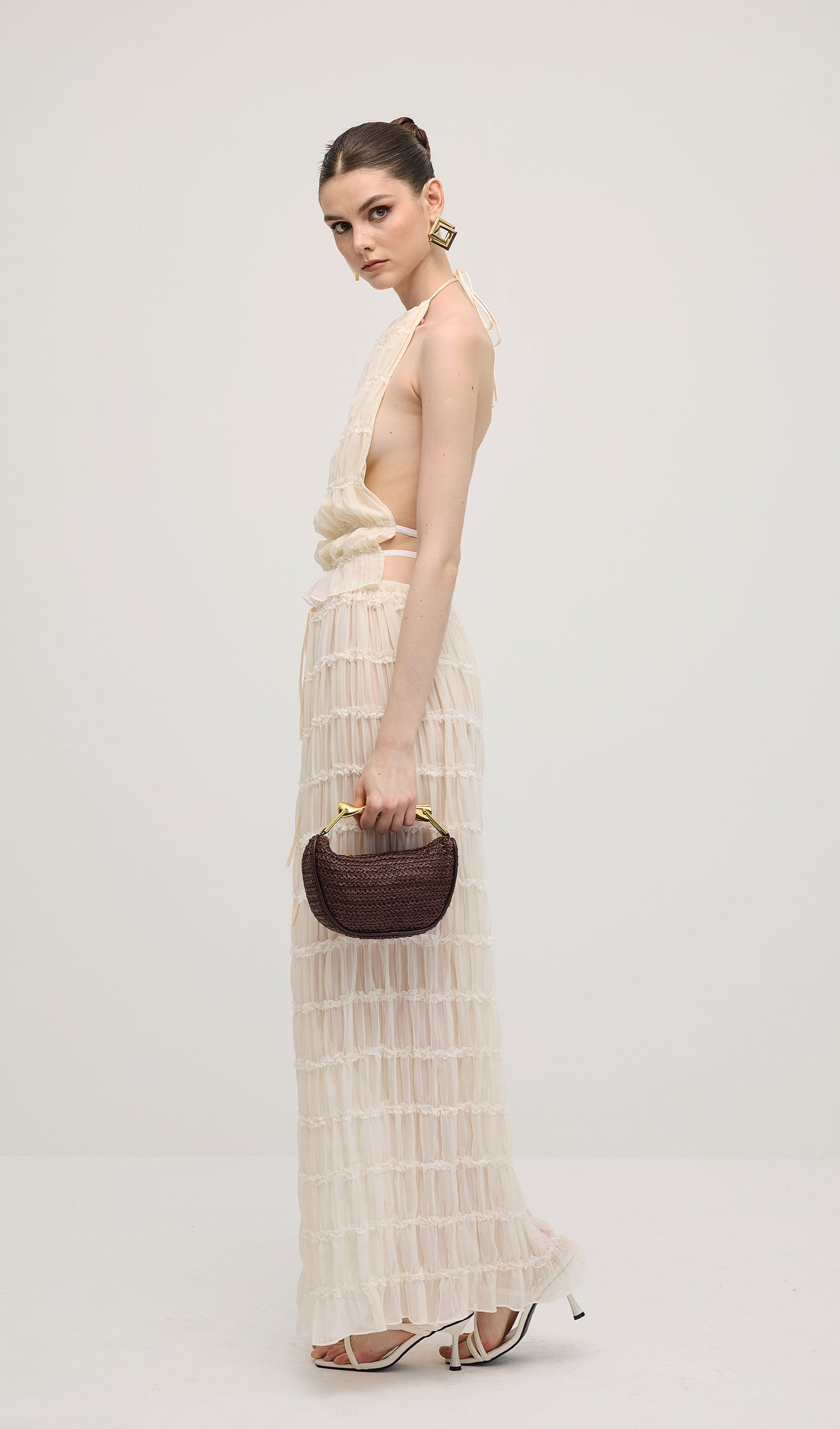 Halter Top & Ruched Detail Maxi Skirt Sets In White