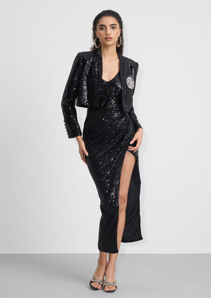 Cropped Sequined Blazer & Sequined Dress Set