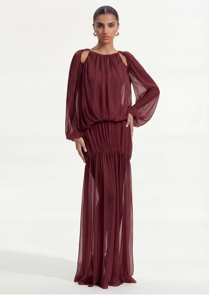 Voluminous Bubble Maxi Dress In Claret