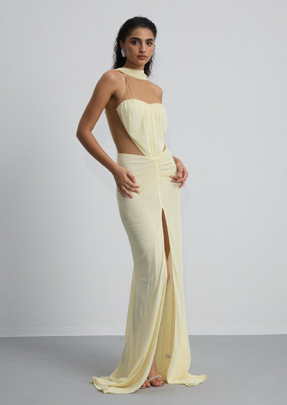 Ruched Halter Neck Slit Gown
