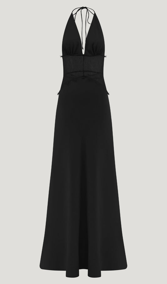 Lace And Satin Maxi Dress In Black