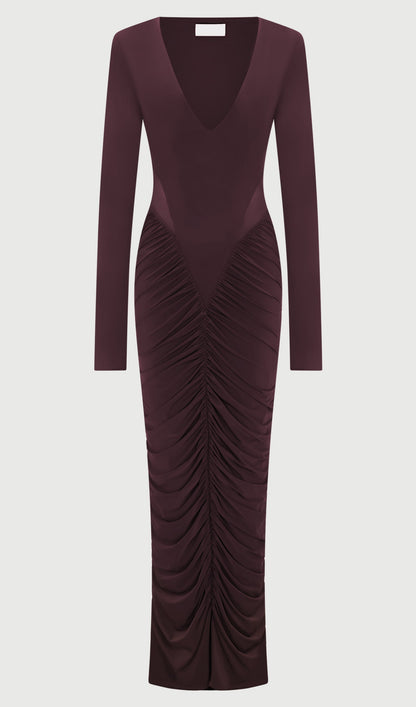 Slinky Long Sleeve Maxi Dress In Burgundy