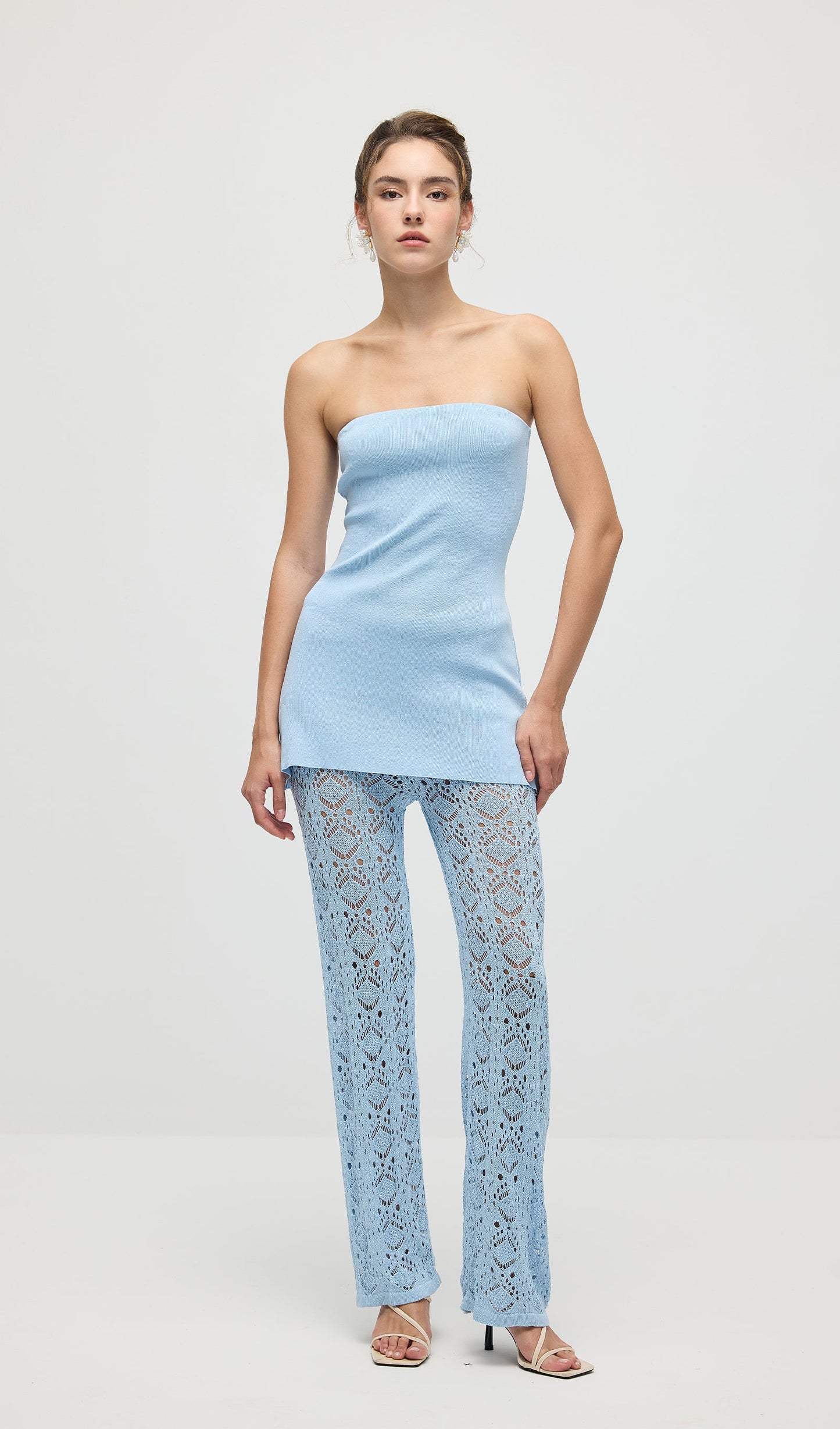 Bandage Knit Top & Crochet Knit Pants In Blue