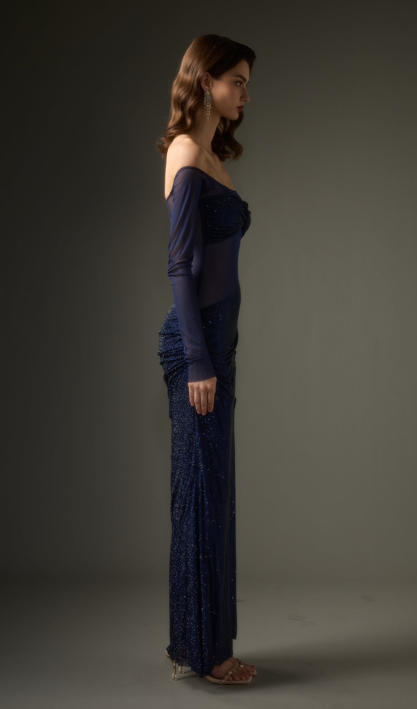 Diamante Off Shoulder Maxi Dress In Navy