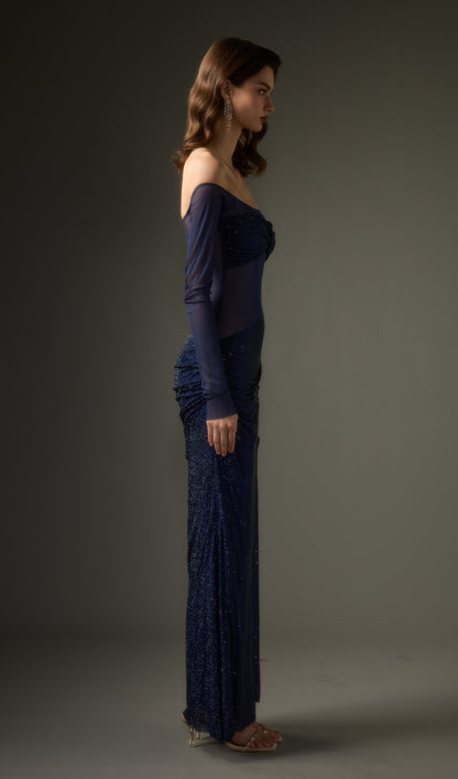 Diamante Off Shoulder Maxi Dress In Navy
