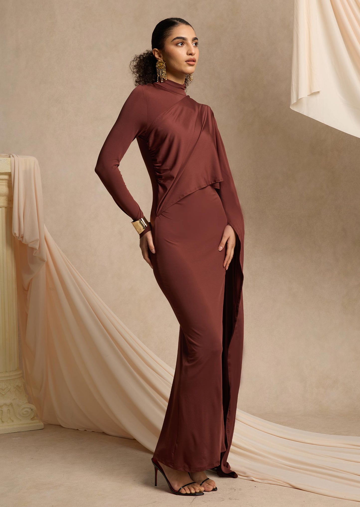 Asymmetrical Draped Cape Maxi Dress