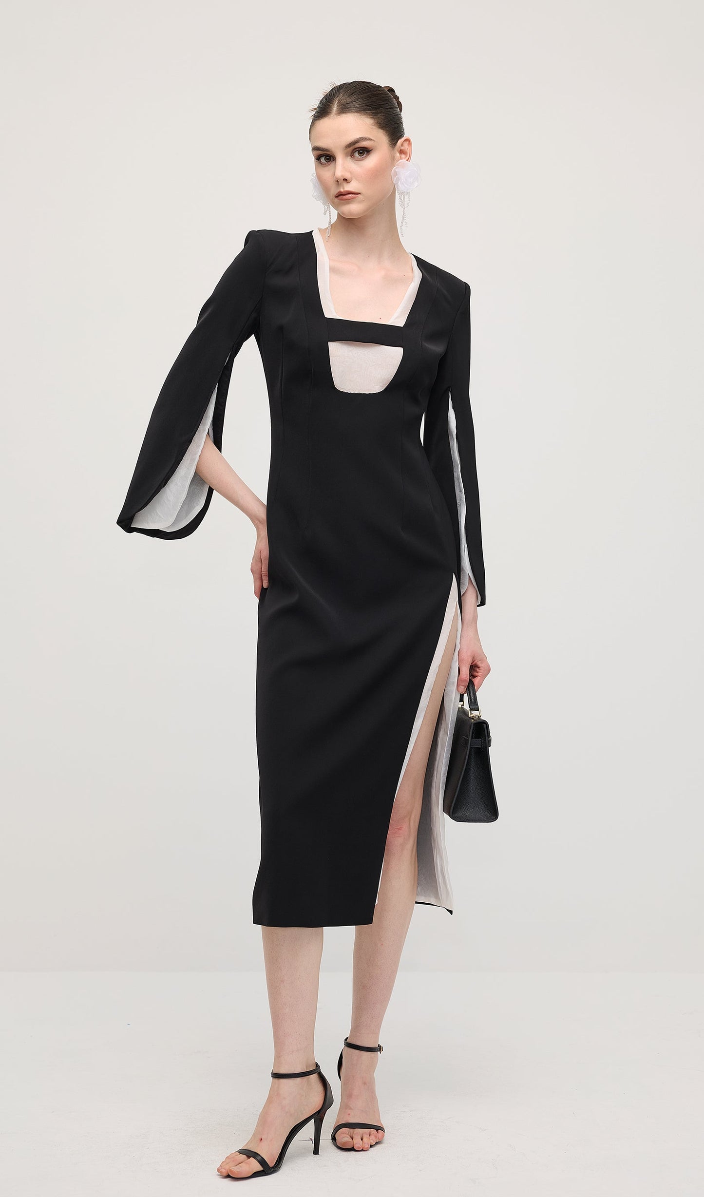 Slit Square Shoulder Midi Dress In Black