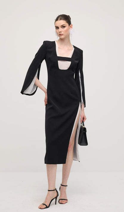 Slit Square Shoulder Midi Dress In Black