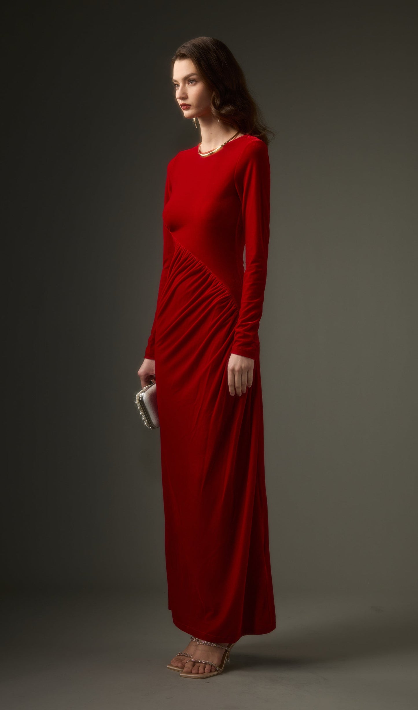 Long Sleeved Gathers  Maxi Dress In Red
