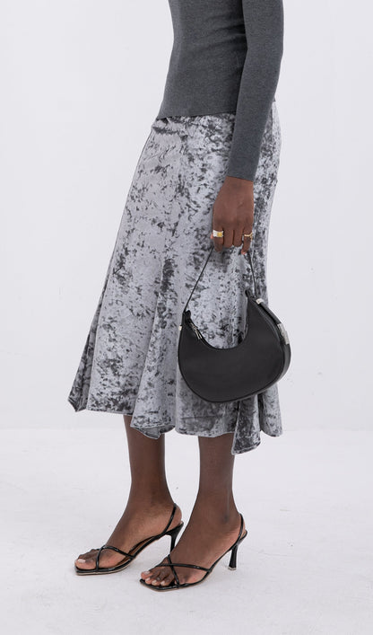 Trendy High Waist Velvet Midi Skirt-Silver