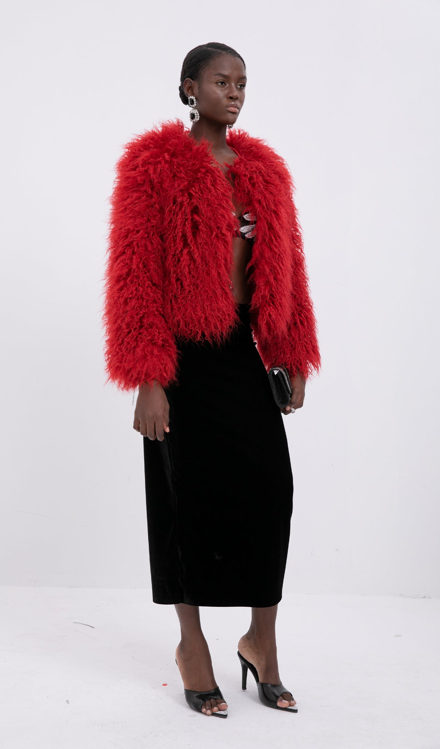 Short Shearling Jacket Coat-Claret