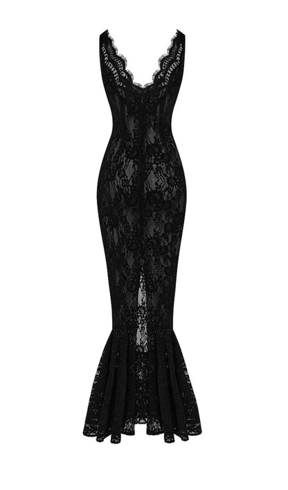 V Neck Lace Hollow Out Ruffled Maxi Dress