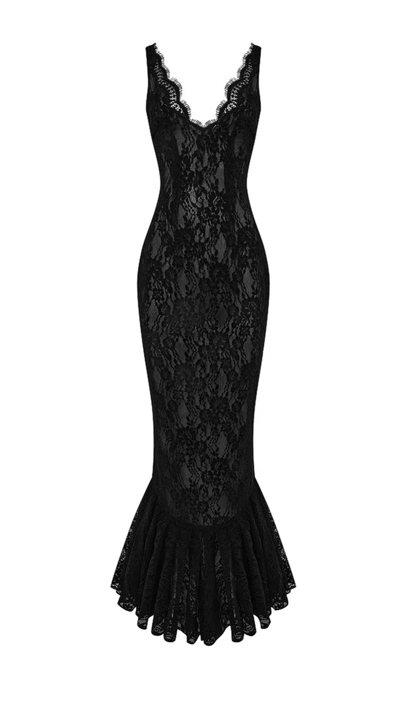 V Neck Lace Hollow Out Ruffled Maxi Dress
