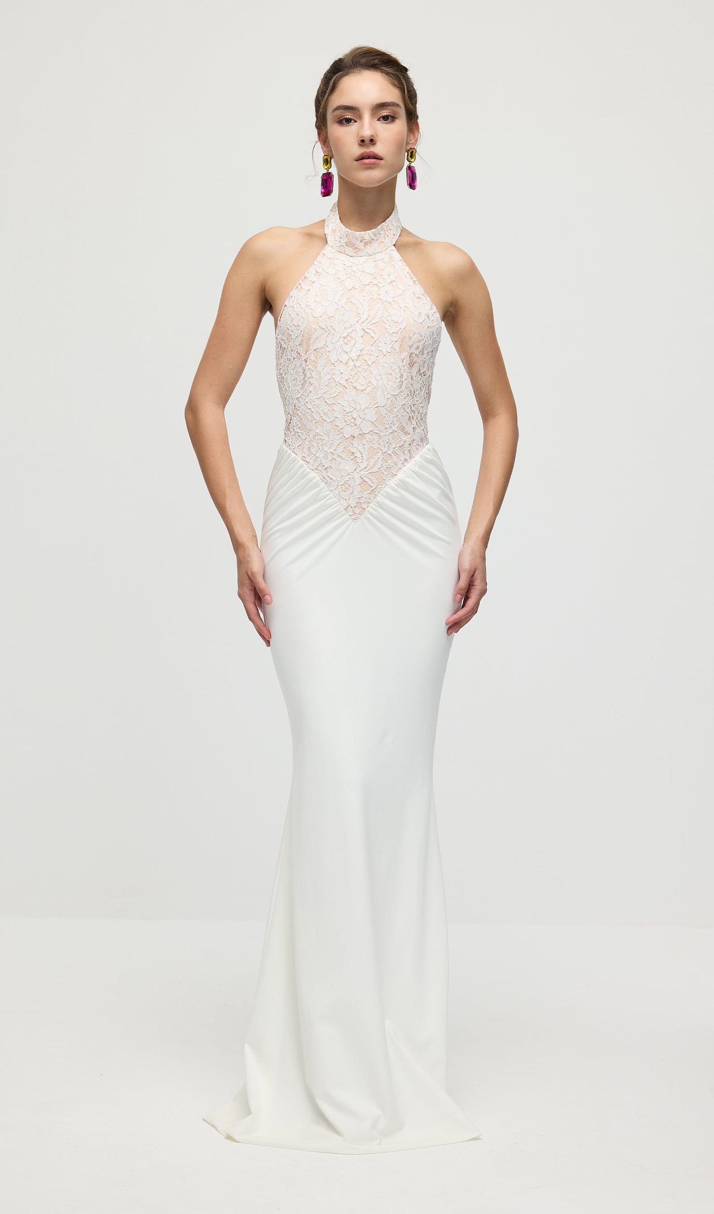 Gathered Lace Jersey Halterneck Dress