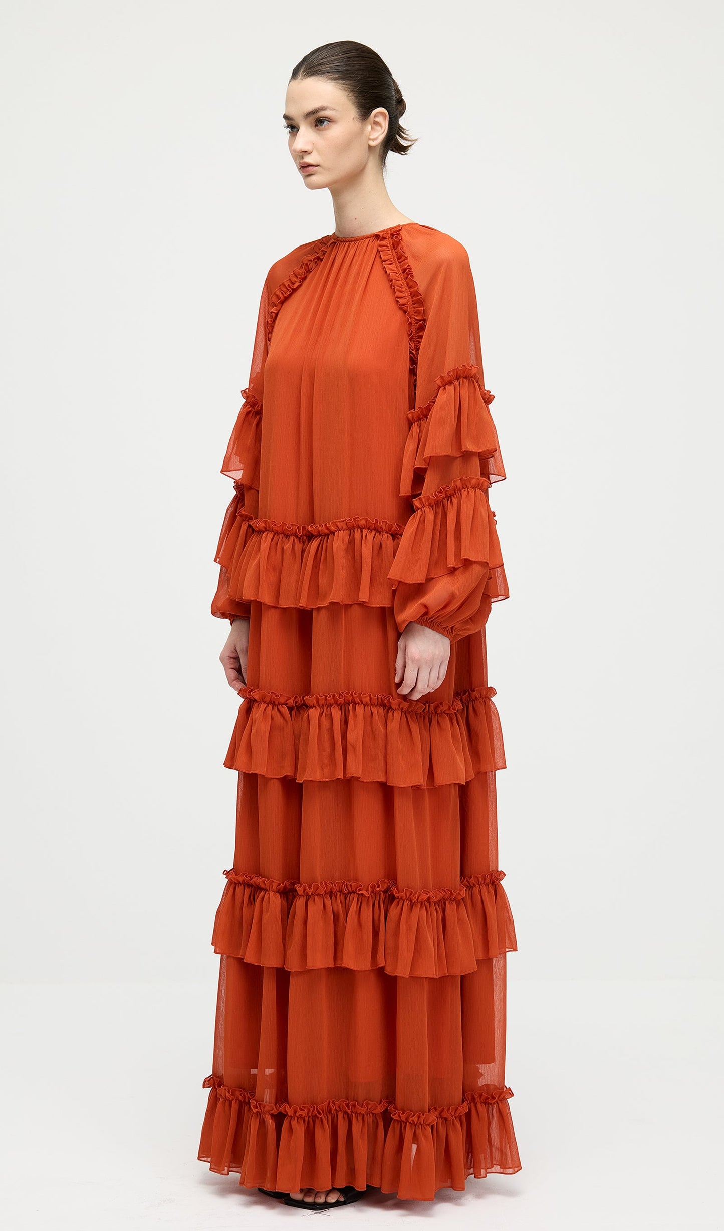Ruffle Tiered Puff Sleeve Maxi Dress In Orange